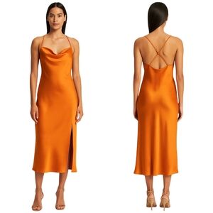 BANANA REPUBLIC Satin Slip Dress Womens Small Orange Cowl Neck Midi NWT Formal